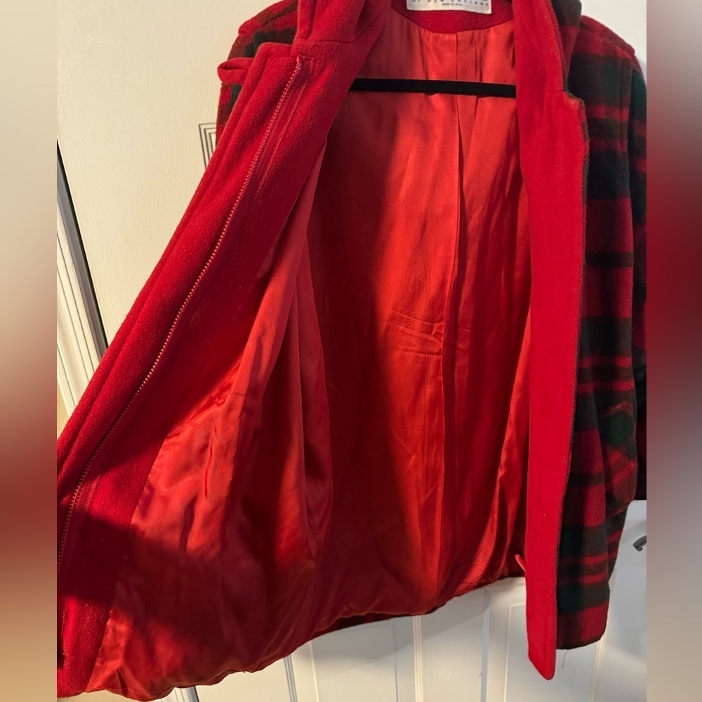 Mackintosh of New England 80’s Red Green Plaid Wool Hooded Coat Made USA Toggle - Picture 9 of 14